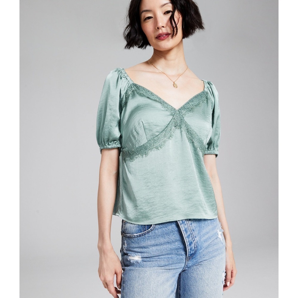 AND NOW THIS Lace Trim Top Puff Sleeve Sweetheart Neck Satin Blouse Green Size S